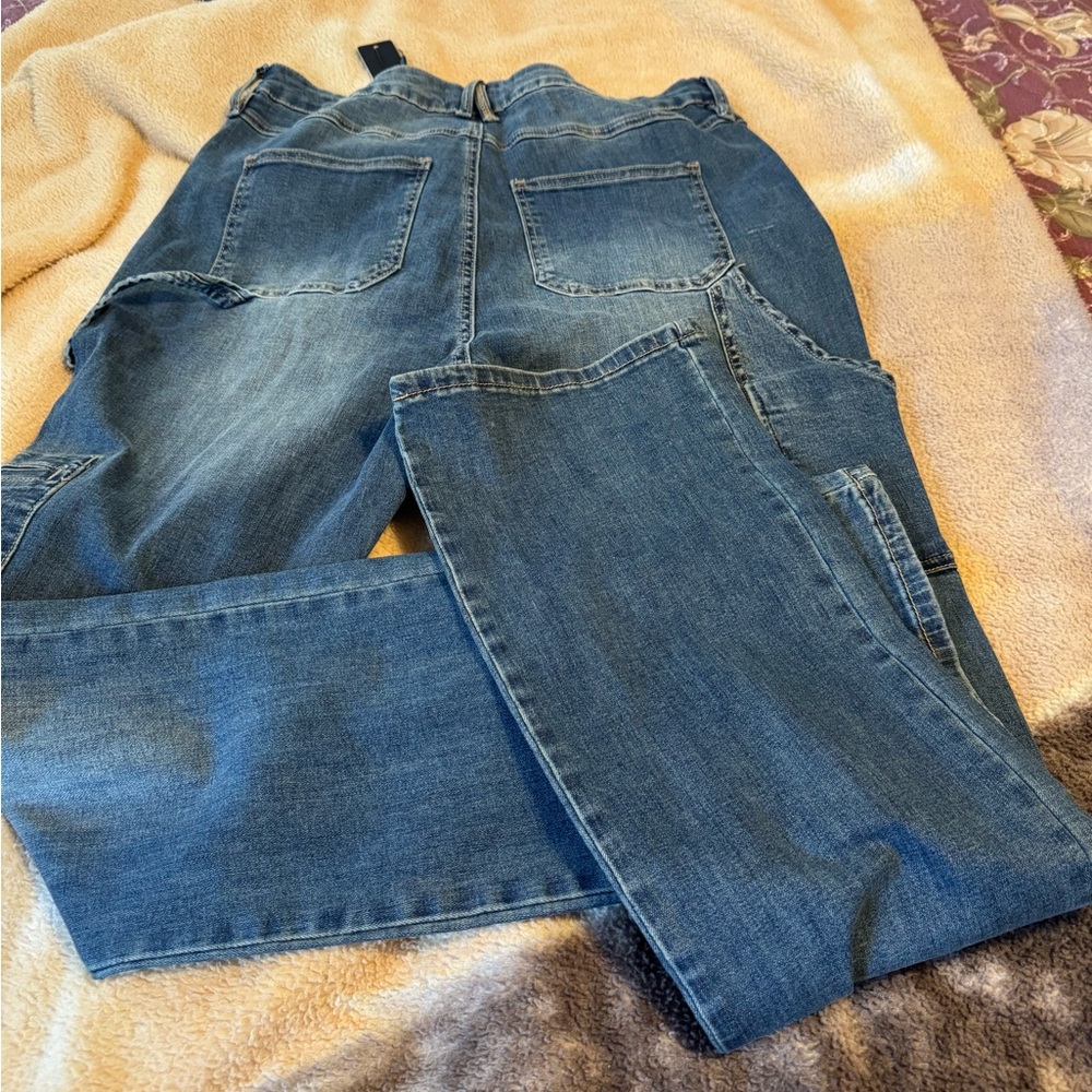 Fashion Nova Top Utility Stretch Boot Jeans Stylish Medium Wash Denim Jeans